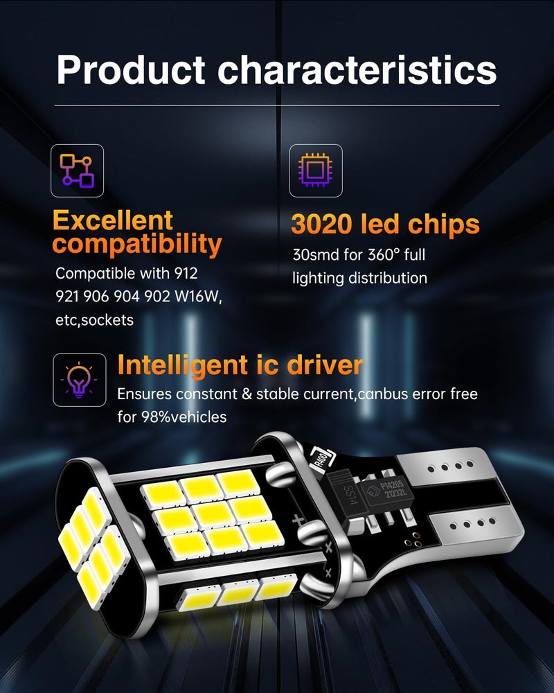 LUYED 3200 Lumens 921 LED Bulb for Backup Light Reverse Lights Ultra High Power 3020 30-SMD Chipsets 912 906 T15 W16W Bulb,6500K White(New Upgrade,Pack of 2) - Image 2